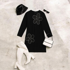 Vintage 80s Black Long Sleeve Dress with Big Silver Retro Sequin flowers